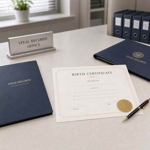 A Birth Certificate on a desk at a vital records office