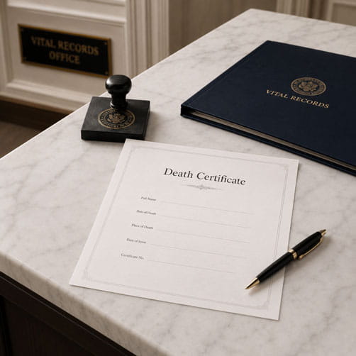 A Death Certificate and stamp on a desk at a vital records office