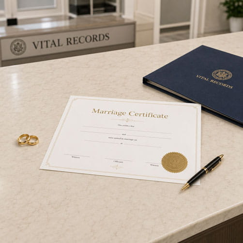 A Marriage Certificate and wedding rings on a desk at a vital records office